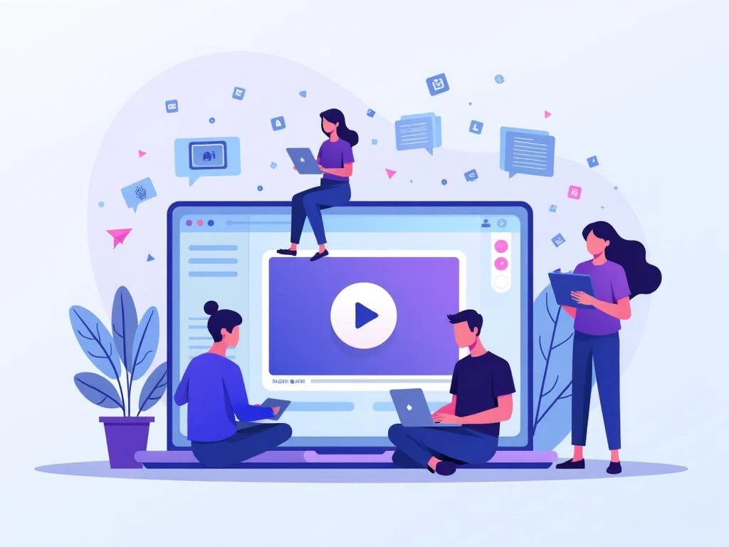 Abstract learning illustration with laptop, video player, and diverse learners