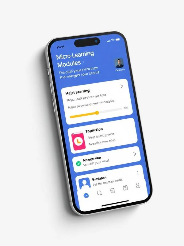 Smartphone mockup showing micro-learning modules and progress indicators