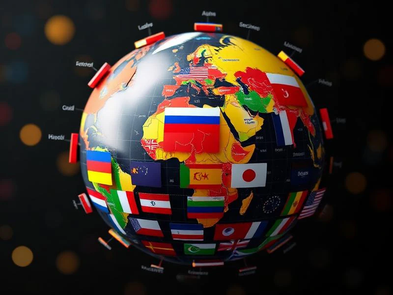 Globe with language flags and multilingual UI interface